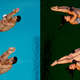 The Olympic diving pool on August 8 (left) and the Olympic diving pool on August 9 (right) Image: AP